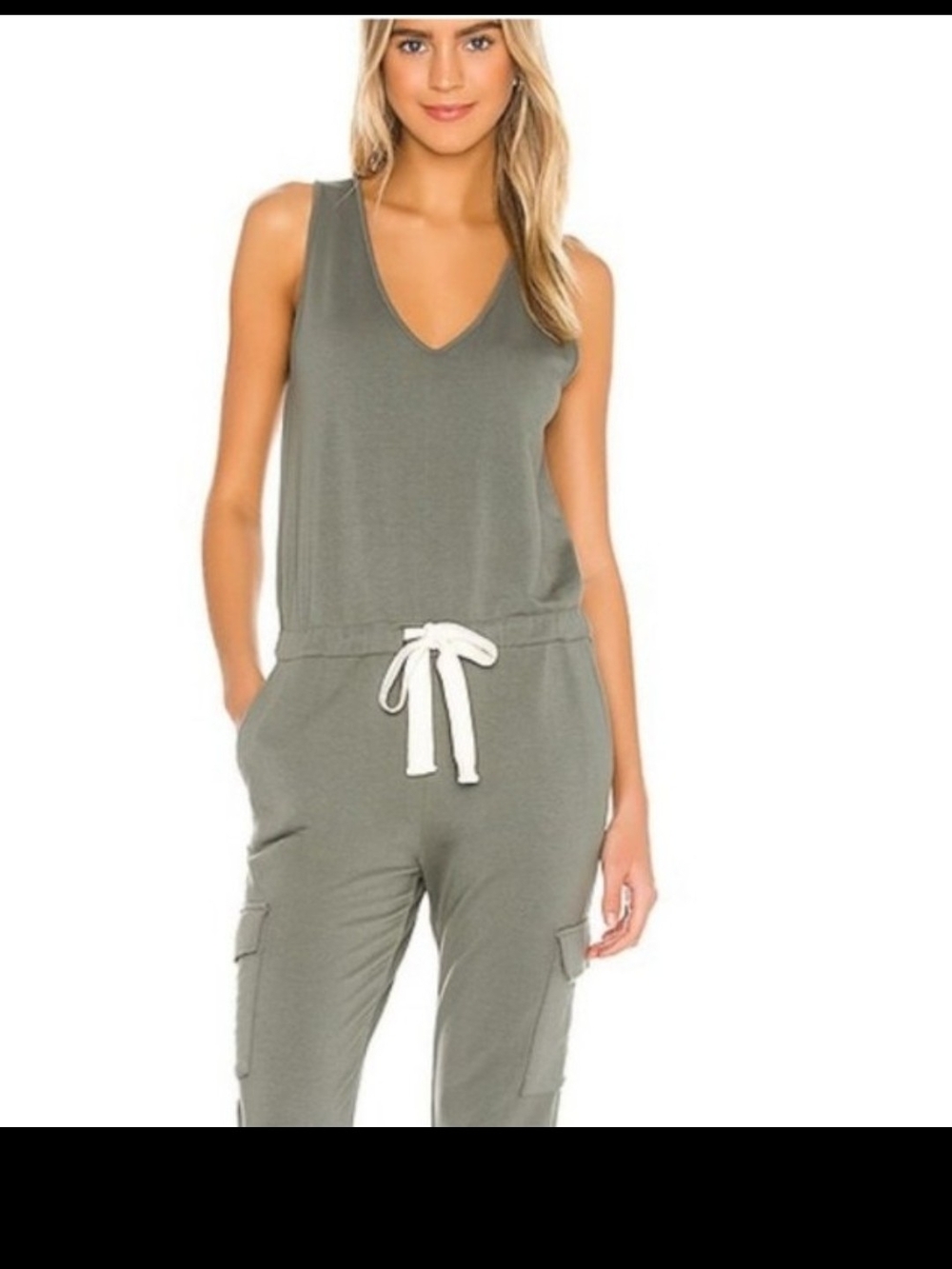 Monrow Olive Green Sleeveless V-Neck Drawstring Jumpsuit